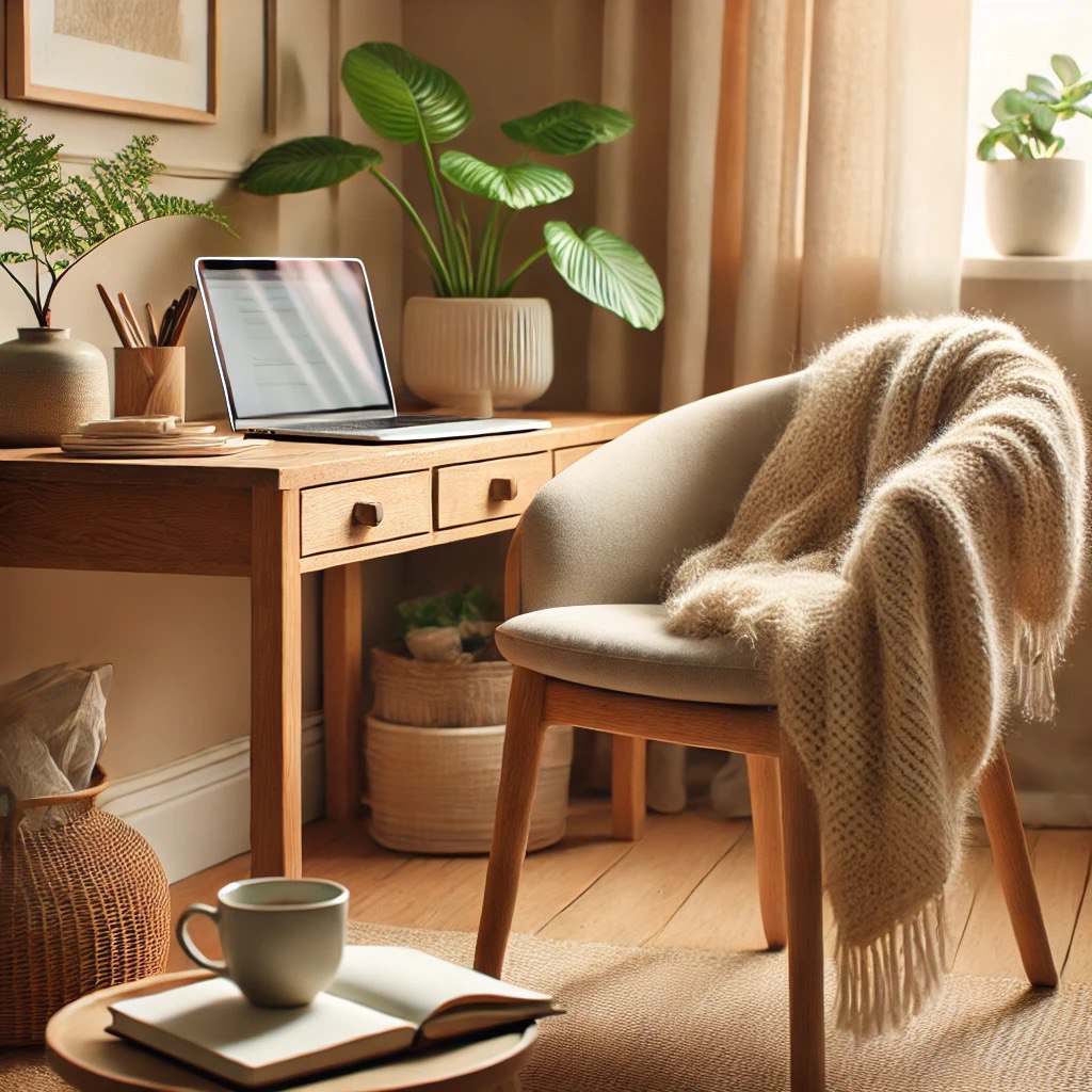 Уютное рабочее место с ноутбуком, растениями и теплым пледом на деревянном столе